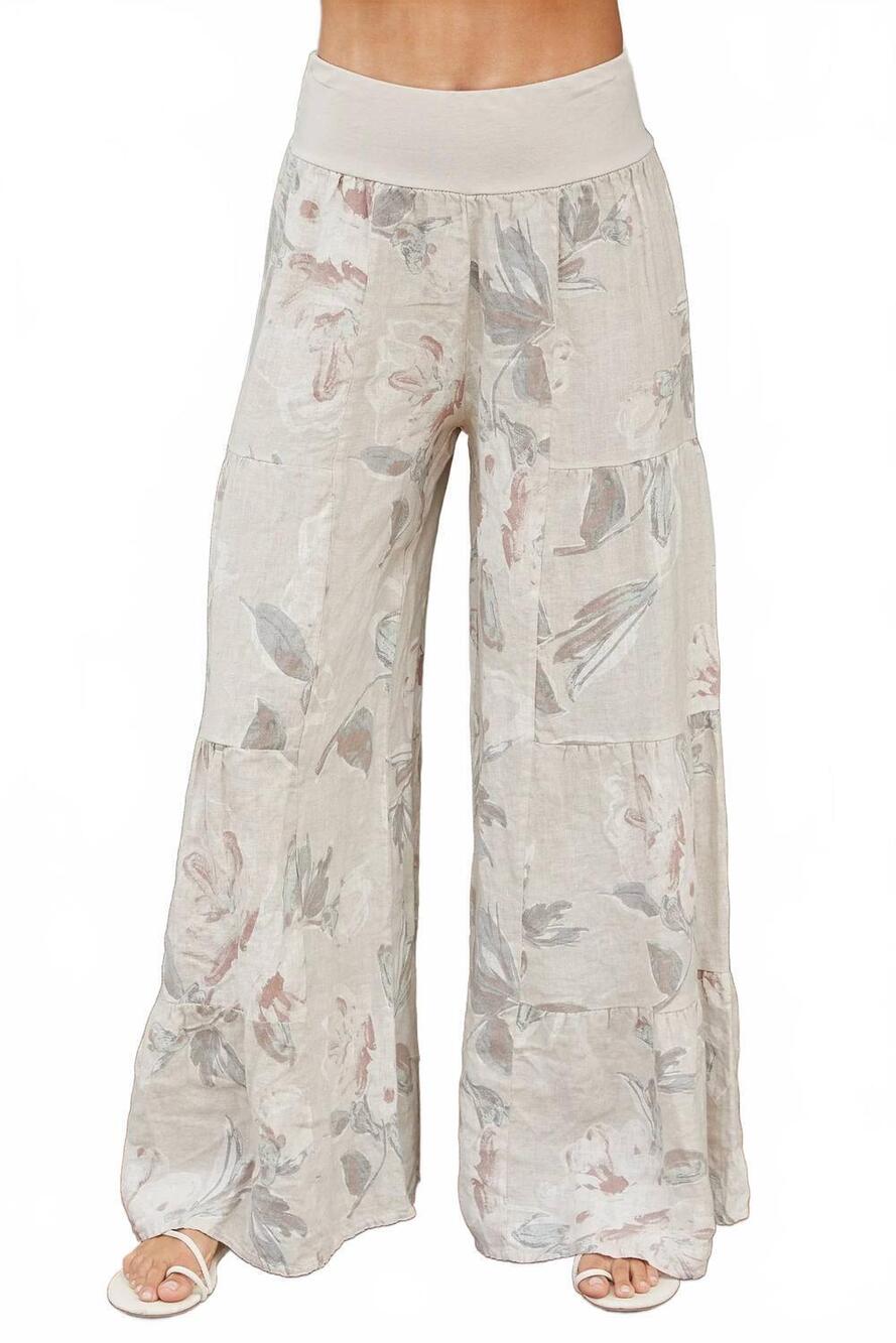 NEW MILIO MILANO effortless floral italian linen palazzo pants in white